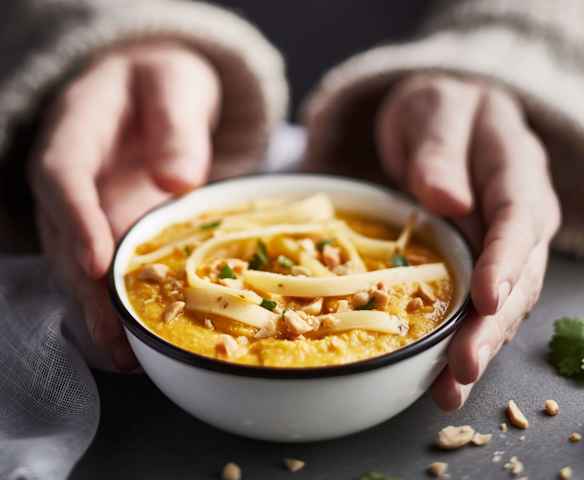 Velouté de carottes, céleri-rave, pommes et beurre de cacahuète
