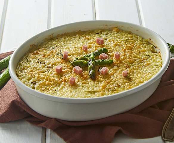 Sformato di riso filante agli asparagi e prosciutto cotto