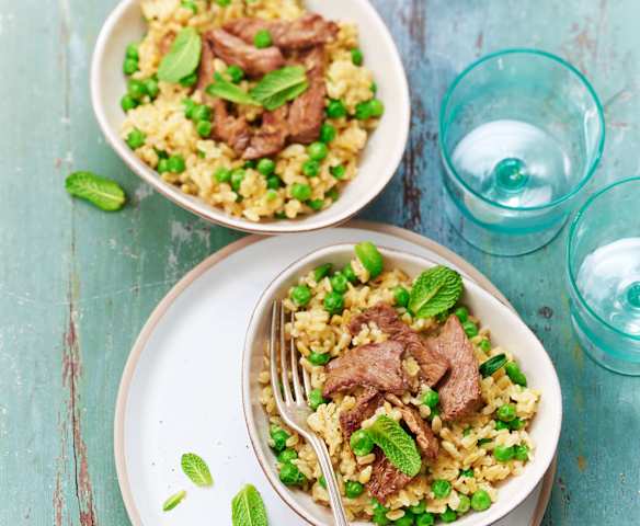 One pot blé au bœuf et aux petits pois