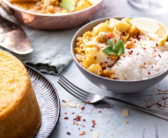 Menù: Curry di merluzzo e ceci con riso; ciambella all'arancia (Bimby Friend)