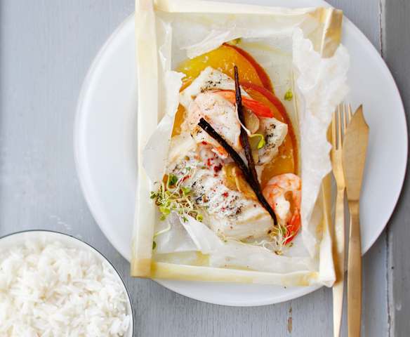 Papillotes de cabillaud à la mangue et au gingembre Papillotes de cabillaud à la mangue et au gingembre
