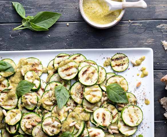Grilled Courgette Salad with Lemon Basil Dressing