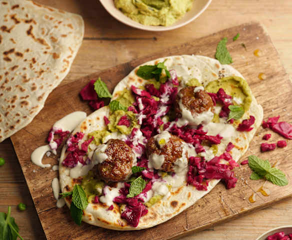 Lamb Meatballs, Minty Pea Houmous and Flatbreads