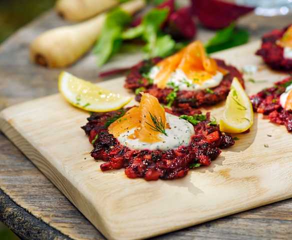 Beetroot Rosti with Smoked Salmon and Herb Crème Fraîche