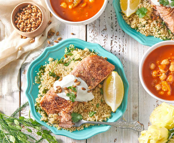 Moroccan Salmon with Lemony Couscous and Vegetable Soup