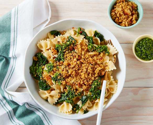 Pasta with Spring Greens and Parmesan Bread Crumbs