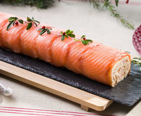 Brazo de gitano de gambas y salmón