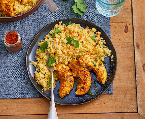Aiguillettes de poulet au citron confit, couscous de carottes