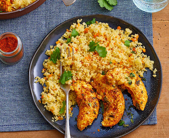 Aiguillettes de poulet au citron confit, couscous de carottes