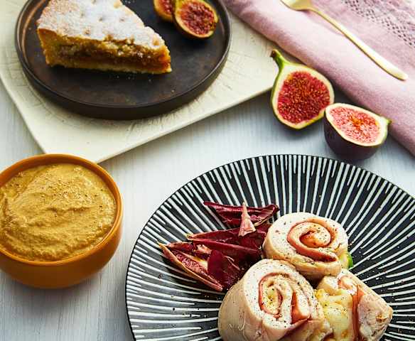 Involtini di pollo con crema di funghi; Crostata ai fichi freschi (Bimby Friend)