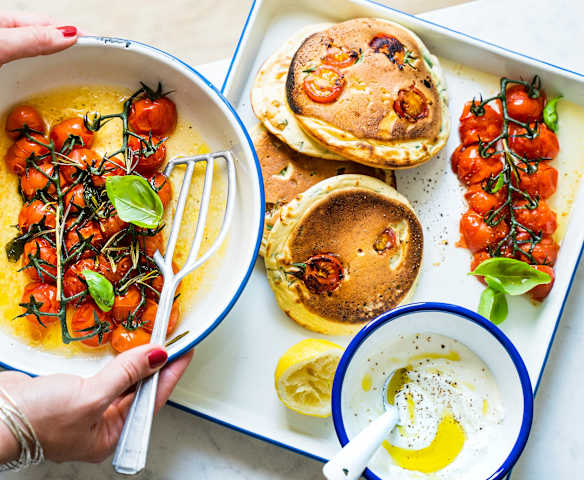 Tomates vapeur au cumin, pancakes aux tomates