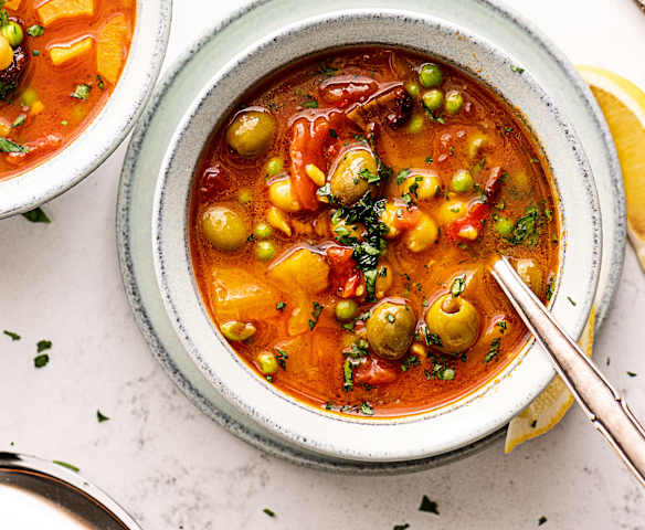 Vegan Spaanse kikkererwten- en rijstsoep