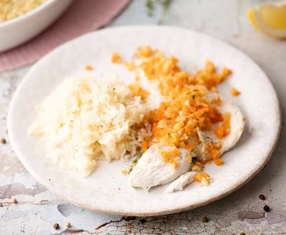 Steamed Meagre, Vegetables and Rice Pilaf