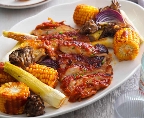 韓式甜辣雞腿和烤蔬菜