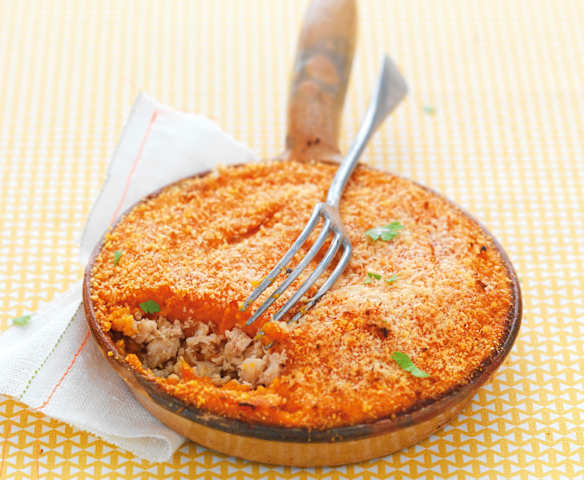 Gratin de patate douce, poulet fumé