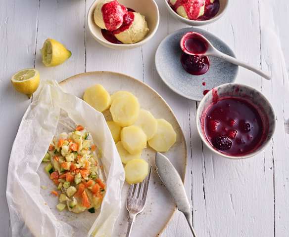 Steamed Turbot and Mixed Vegetable Parcels; Red Berry Sauce with Ice Cream