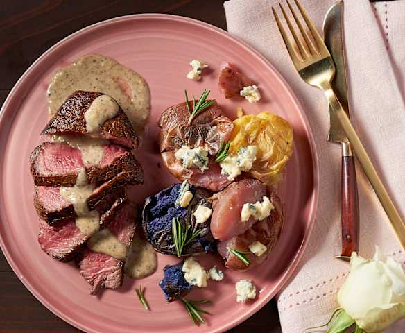 Steak with Peppered Parmesan Sauce and Roquefort Potatoes