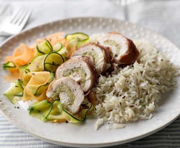 Steamed Stuffed Chicken with Cumin Rice and Ribbon Vegetables