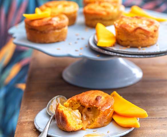 Muffins mangue, cœur caramel