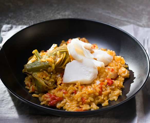 Arroz de alcachofas y bacalao (Cocción de arroz) Arroz de alcachofas y bacalao (Cocción de arroz)