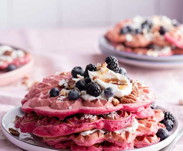 Pink Waffles with Fruit