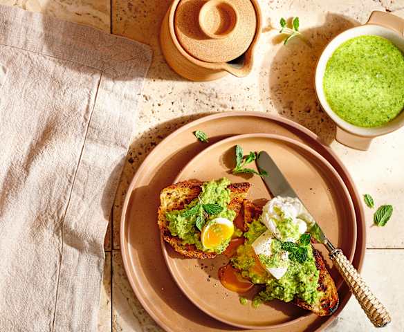 Minted pesto with pea smash and poached eggs