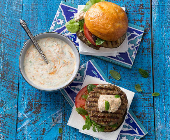 Moroccan lamb burgers with harissa yoghurt dressing Moroccan lamb burgers with harissa yoghurt dressing