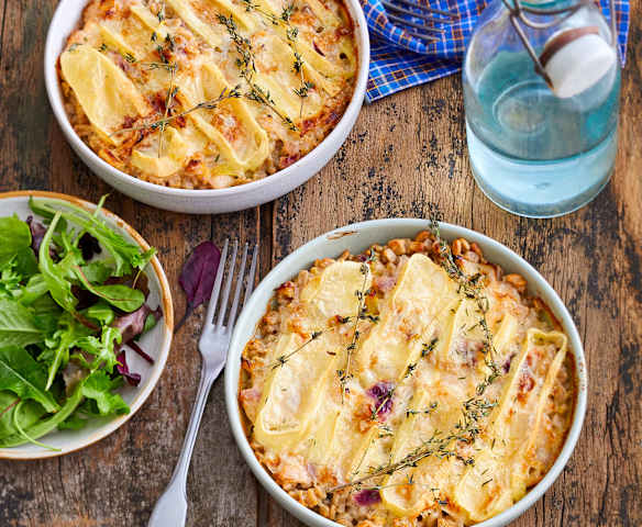 Gratin de crozets, reblochon et poireaux