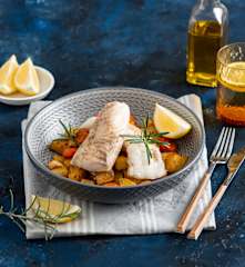 Filet z białej ryby (sous-vide) z pieczonymi warzywami (z osłoną noża miksującego)