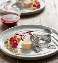 Peanut butter parfait, chocolate bark and raspberries