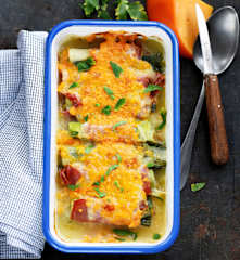 Gratin de poireaux, jambon et mimolette