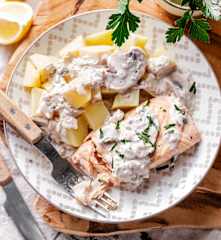 Salmon in Mushroom Cream Sauce with Potatoes