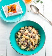 Gnocchi with Sausages and Steamed Spinach, Apricots with Honey and Walnuts