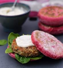 Lentil Burgers with Beetroot Rolls and Vegan Mayonnaise