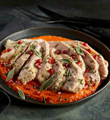 Sous-vide Herbed Turkey with Roasted Red Pepper Sauce