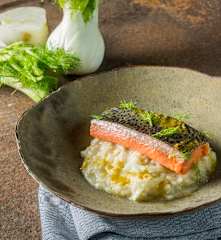 Lachsforelle auf Fenchel-Orangen-Risotto