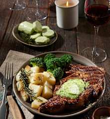 Sirloin Steaks with Herb Butter, Rosemary Potatoes and Broccoli