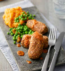 Cashew, Mushroom and Chestnut Sausages with Root Veg Mash and Chilli Sauce