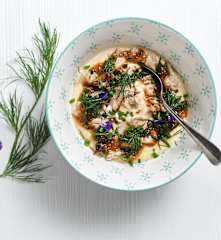 Zauzená ryba, bramborová pěna, loupákové máslo