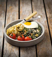 Spiced fennel and silverbeet with fried eggs
