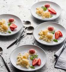 Mango truffles, strawberry spheres and white chocolate crumble
