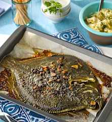 Rodaballo asado al orio con risotto de espárragos