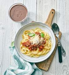 Spaghetti Bolognese und Schoko-Grießpudding