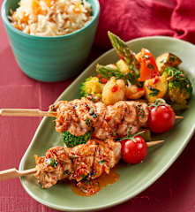 Chicken Skewers with Cumin Rice and Warm Vegetable Salad