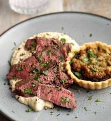 Fillet of Beef, Mushroom and Stilton Rarebit Tarts with Celeriac Purée