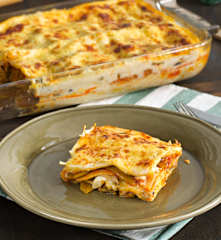 Lasaña de judías verdes, champiñones y huevo