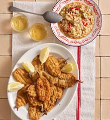 Sardinhas albardadas com arroz de pimentos