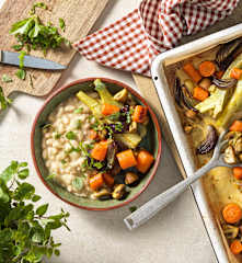 Saure Bohnen mit Ofengemüse