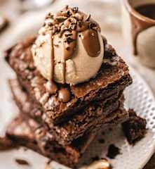 Glace végane café-noix de coco, brownie et coulis au chocolat noir