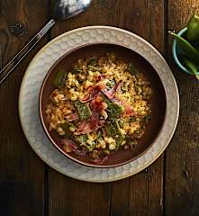 Farrotto taccole e prosciutto crudo